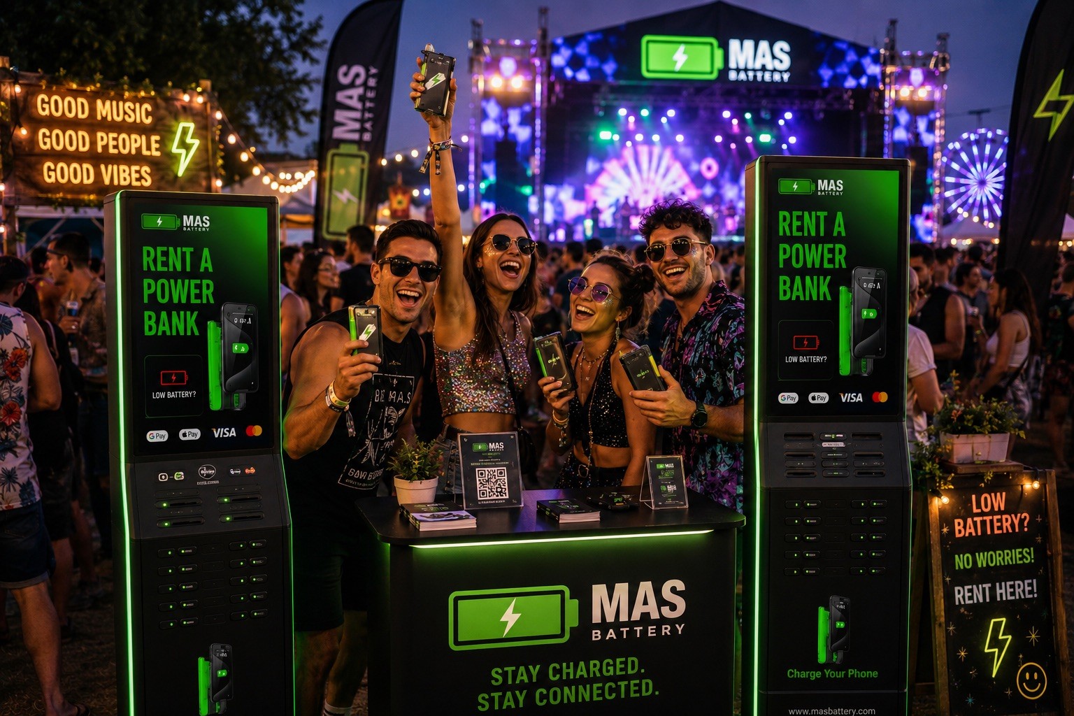 MAS Battery product lineup graphic displaying the headline "POWER ON. ANYTIME. ANYWHERE." The image showcasing a hand holding a green-trimmed portable charger next to a large freestanding power bank rental kiosk and a smaller tabletop rental station unit.