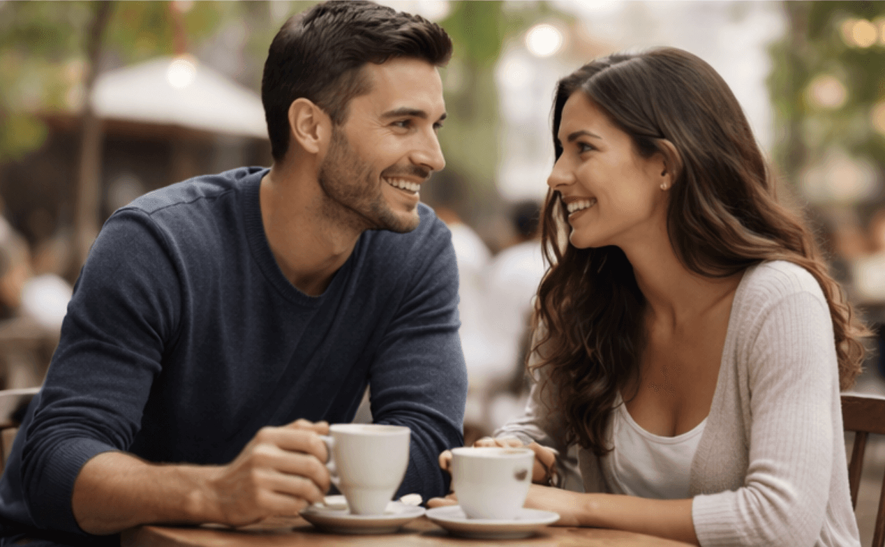 ein mann sitzt mit einer frau in einem caffee, beide haben spaß