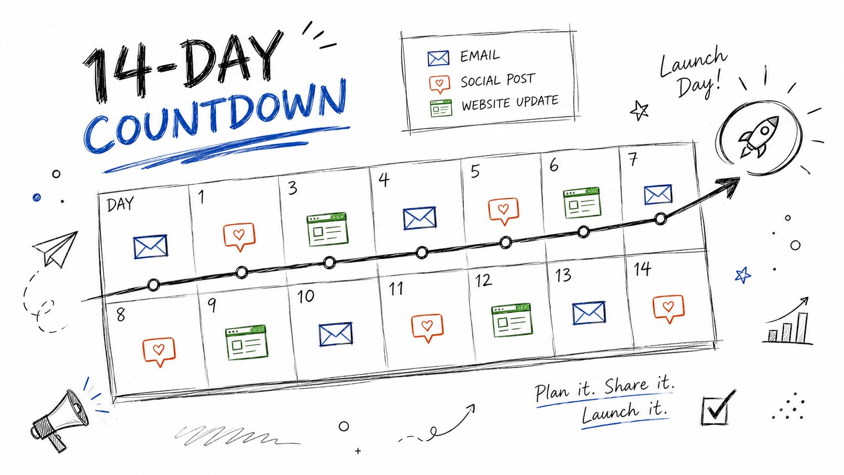 A hand-drawn 14-day marketing countdown calendar with icons representing email, social media posts, and website updates.