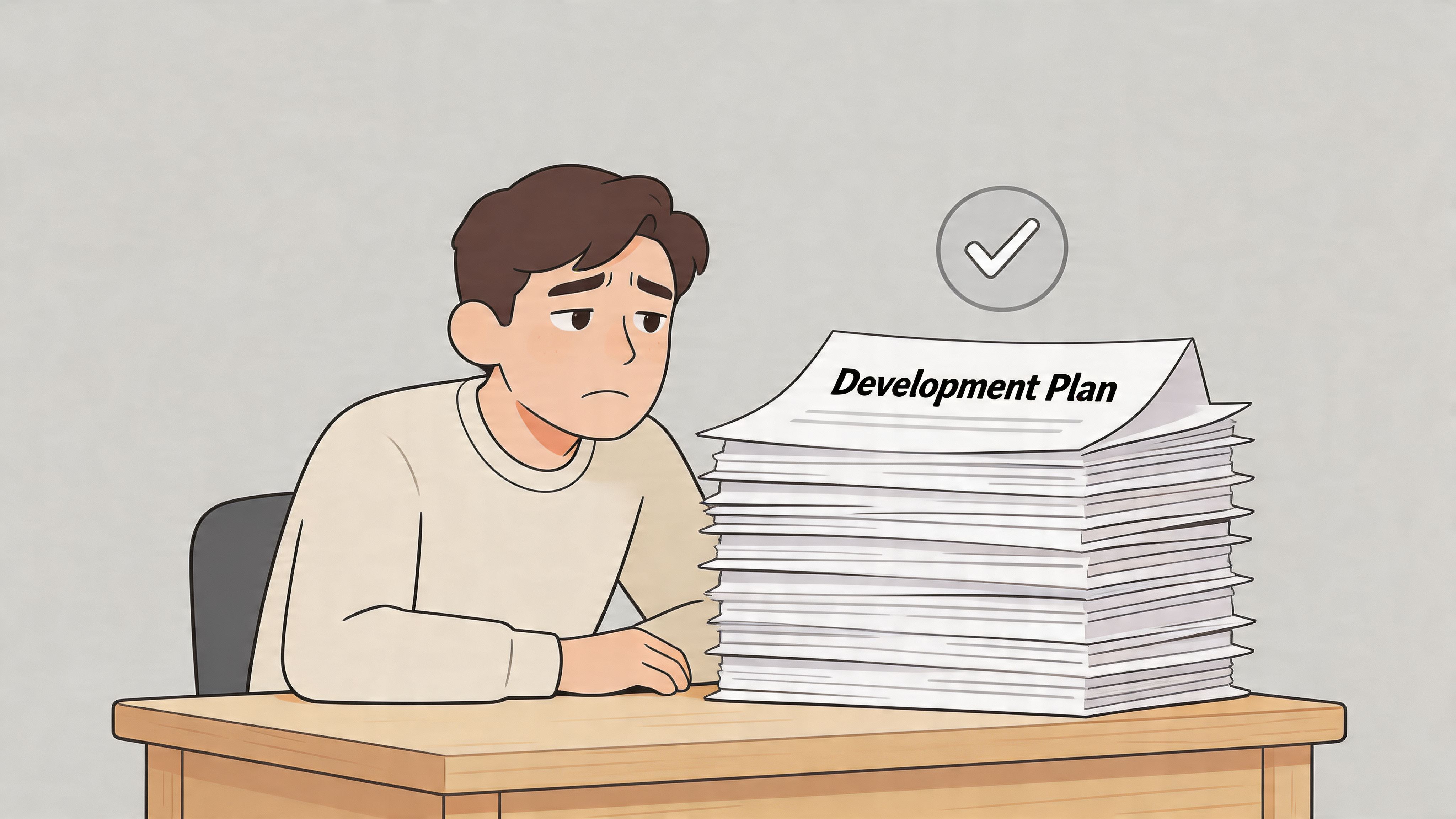 A concerned-looking man sitting at a desk with a large stack of Development Plan paperwork.