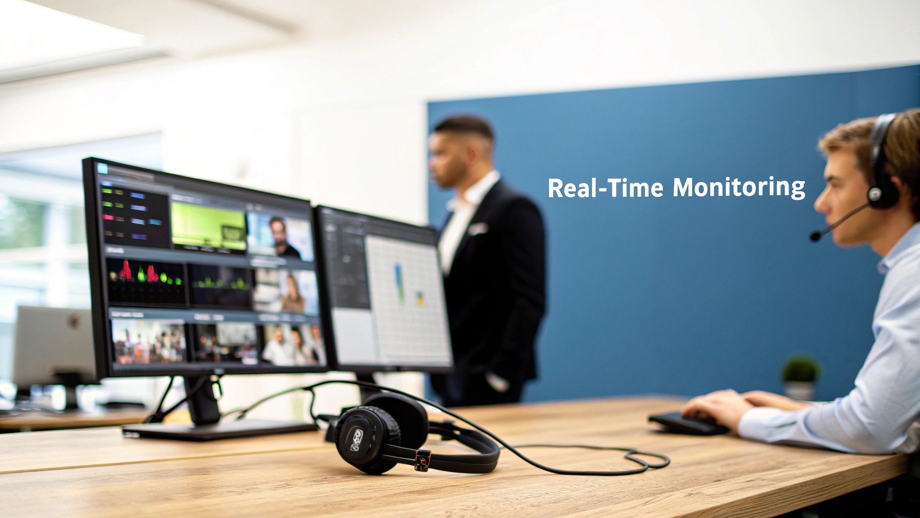 Two men in a modern office, one wearing a headset monitors multiple screens showing real-time data and video feeds.