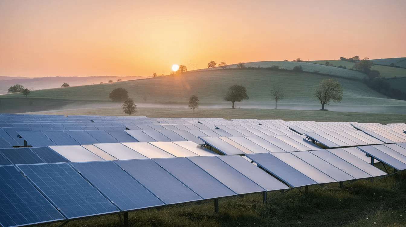 The image depicts a vibrant sunrise casting a warm glow over a field of solar panels, set against lush, rolling green hills in the background. This scene symbolizes the intersection of impact investing and environmental benefit, highlighting the potential for financial returns while advancing social and environmental goals.