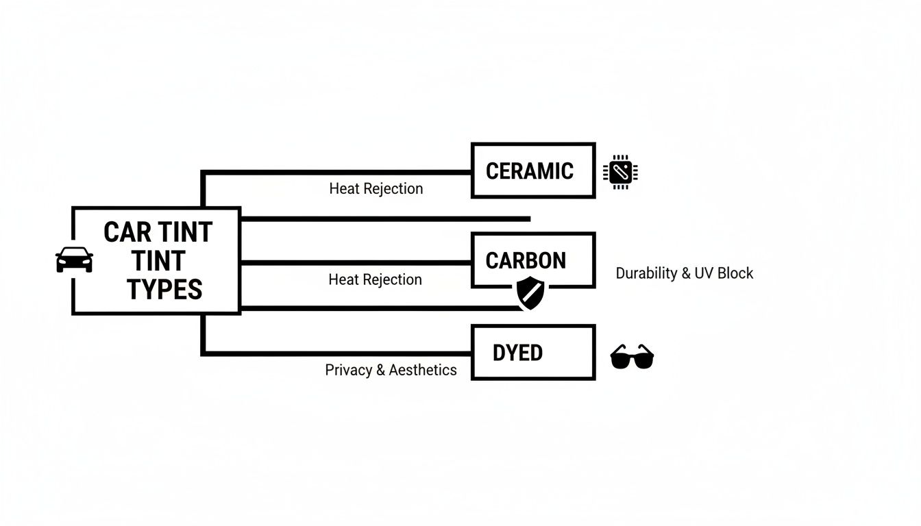Flowchart outlining car tint types: Ceramic, Carbon, and Dyed, detailing benefits like heat rejection, durability, and privacy.