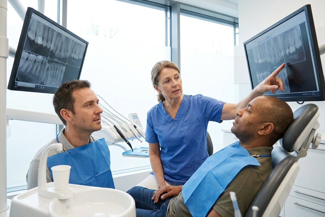 Dentist reviewing X-rays with a patient during a routine six-month dental checkup