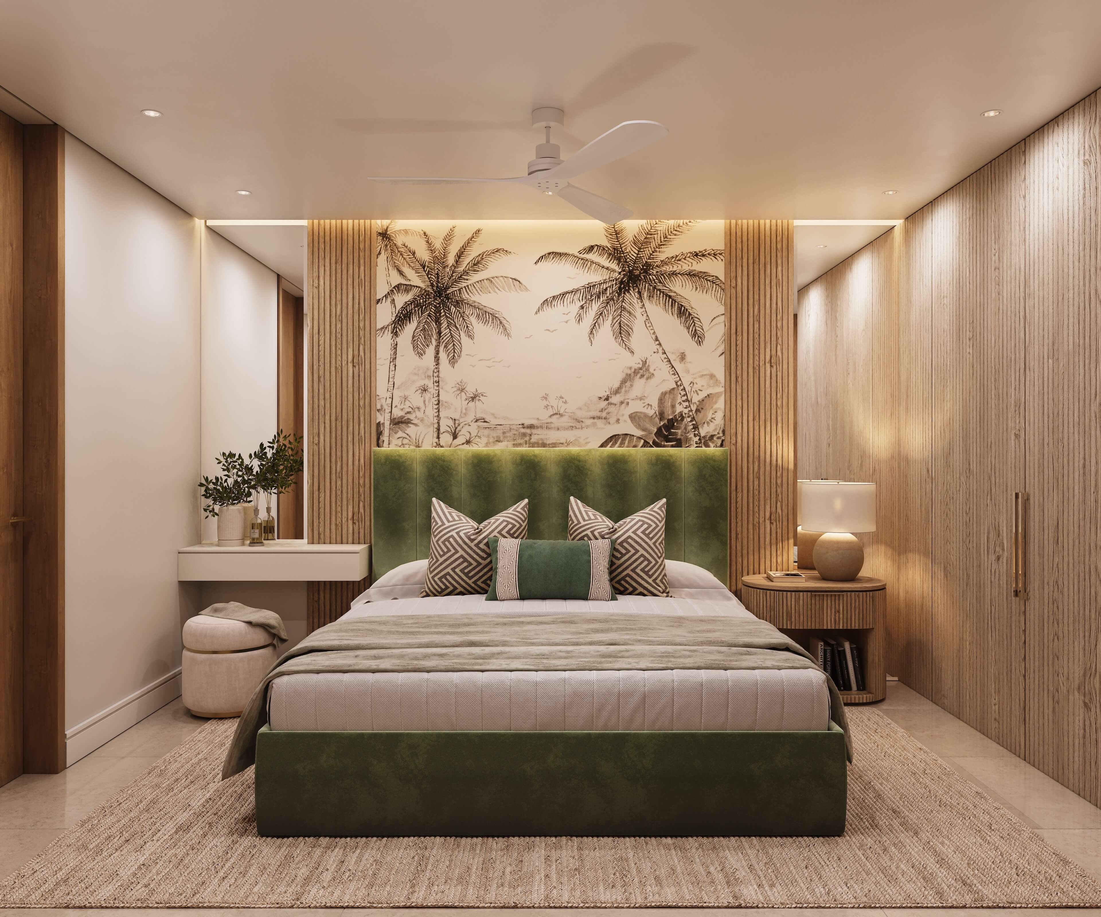 Bedroom with palm view and double bed