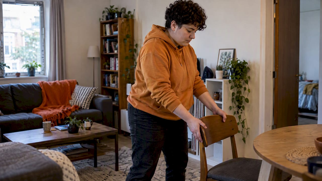 Persona acomoda su espacio en vivienda asistida