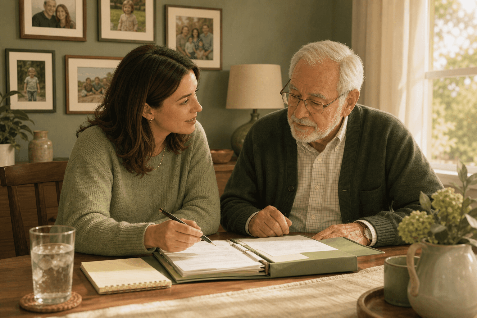 Family reviewing care plan notes together after a parent dementia diagnosis