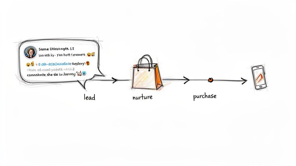 A hand-drawn marketing flowchart illustrating the customer journey: lead (social media bubble), nurture (shopping bag), and purchase (smartphone).