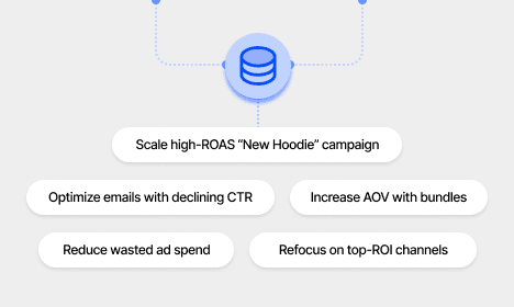 AI suggesting actions like "Optimize onboarding flow" and "Raise pricing tier" based on user data.