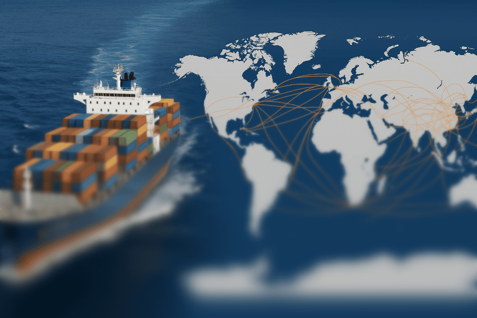 A cargo ship laden with colorful shipping containers sails across a calm ocean, juxtaposed against a world map marked with intricate shipping routes, illustrating global maritime trade and chartering dynamics.