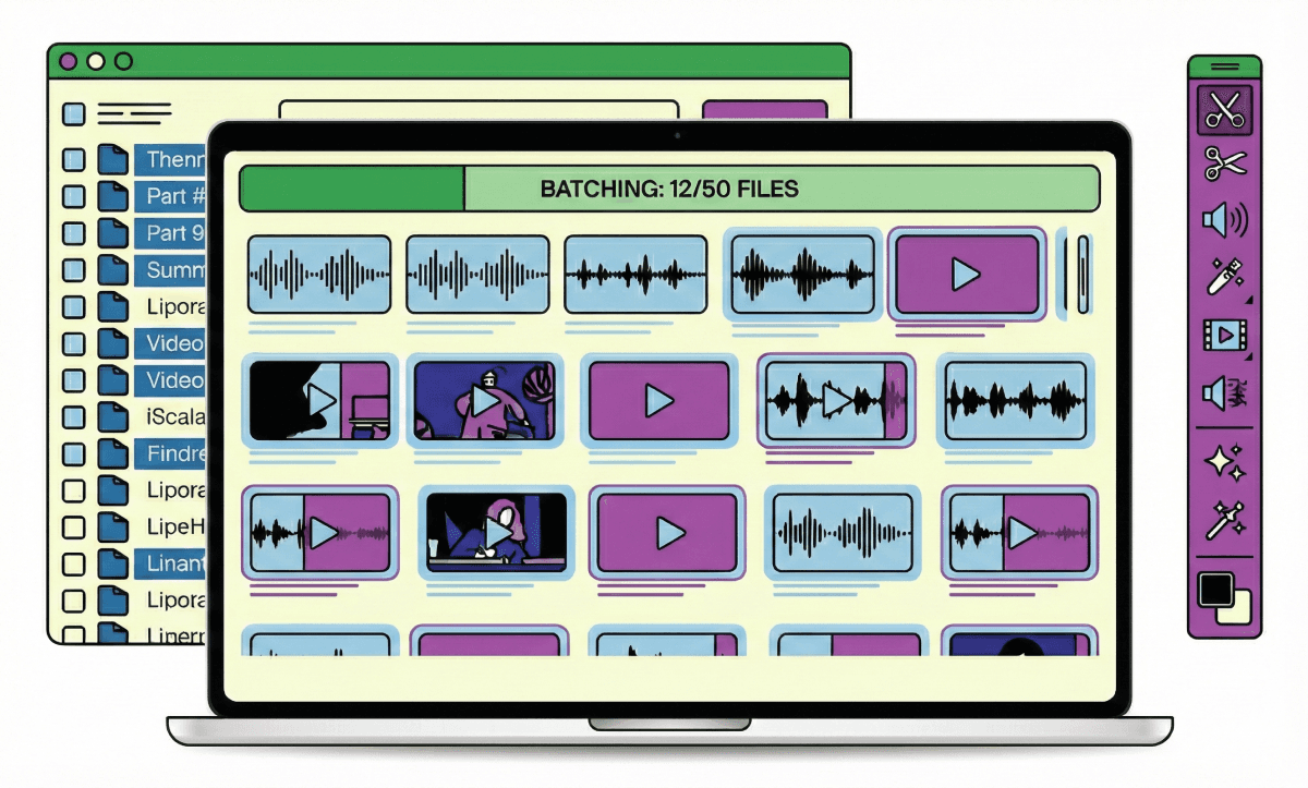 Laptop screen displaying AI batching progress for multiple video and audio clips with file browser panels and editing tool icons.
