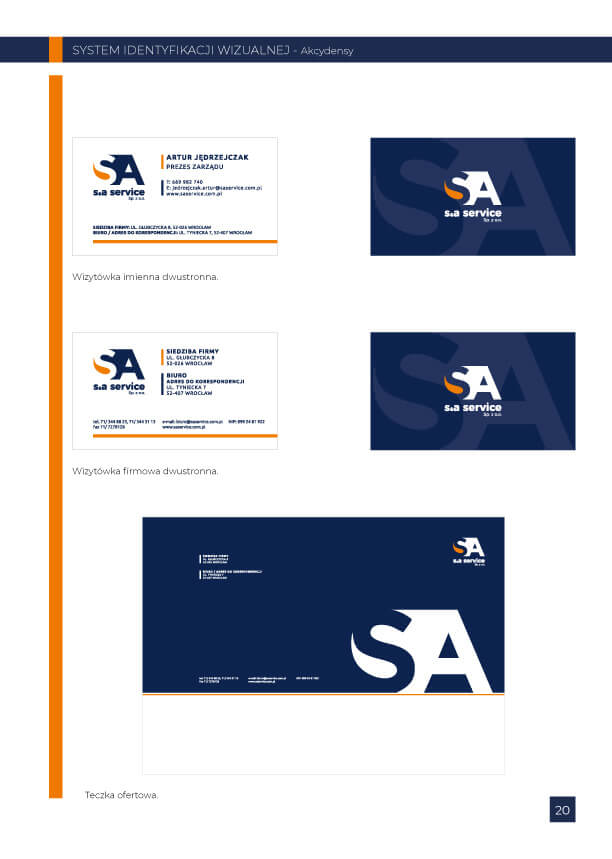 System identyfikacji wizualnej prezentujący projekt wizytówki dwustronnej i teczki ofertowej z logo
