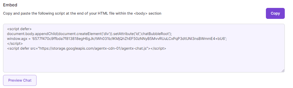 JavaScript embed code for AgentX AI chatbot deployment.