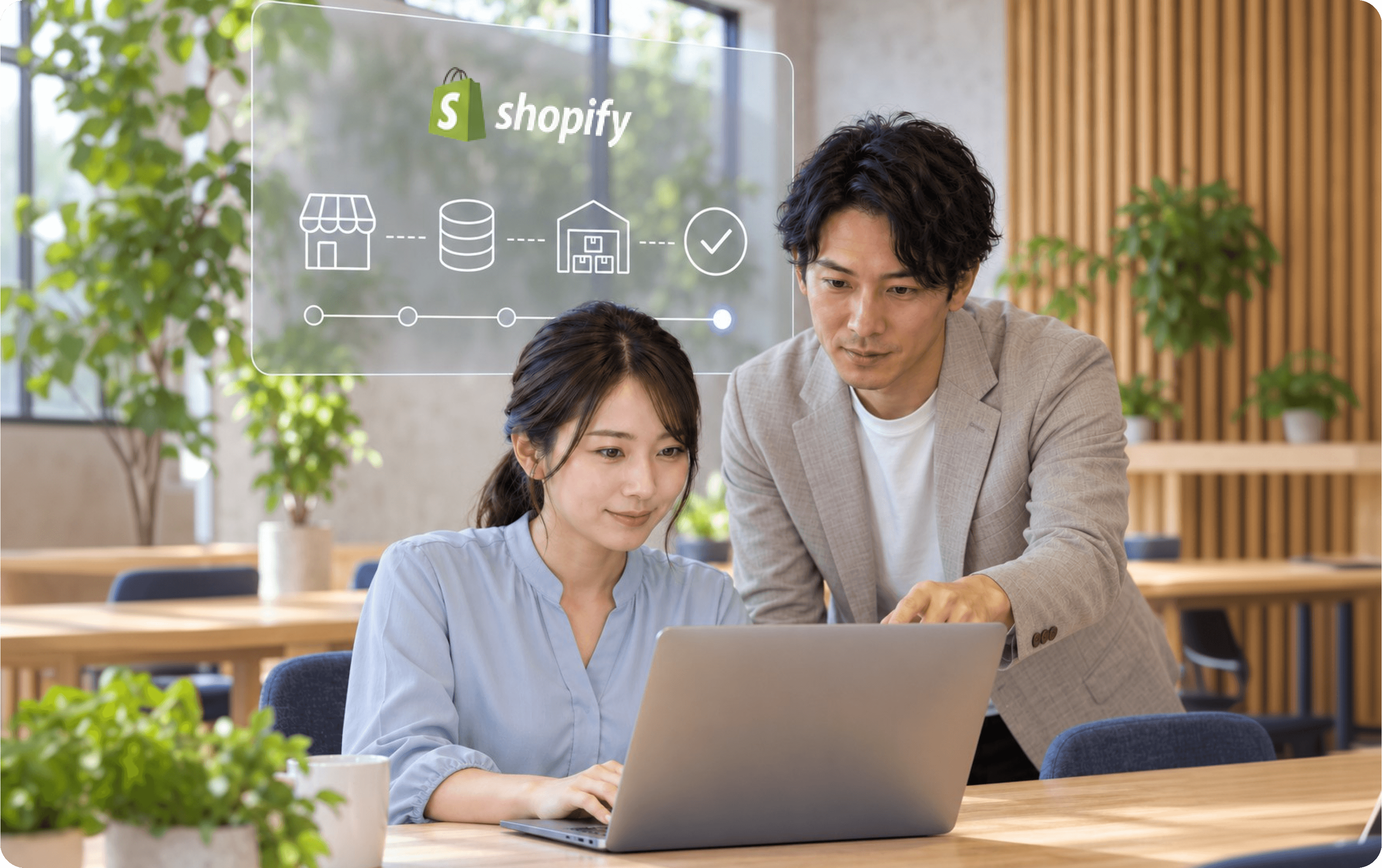 ノートパソコンを確認する日本人の男女と、ShopifyロゴやEC移行・システム連携を表すアイコンが表示された透明なパネル