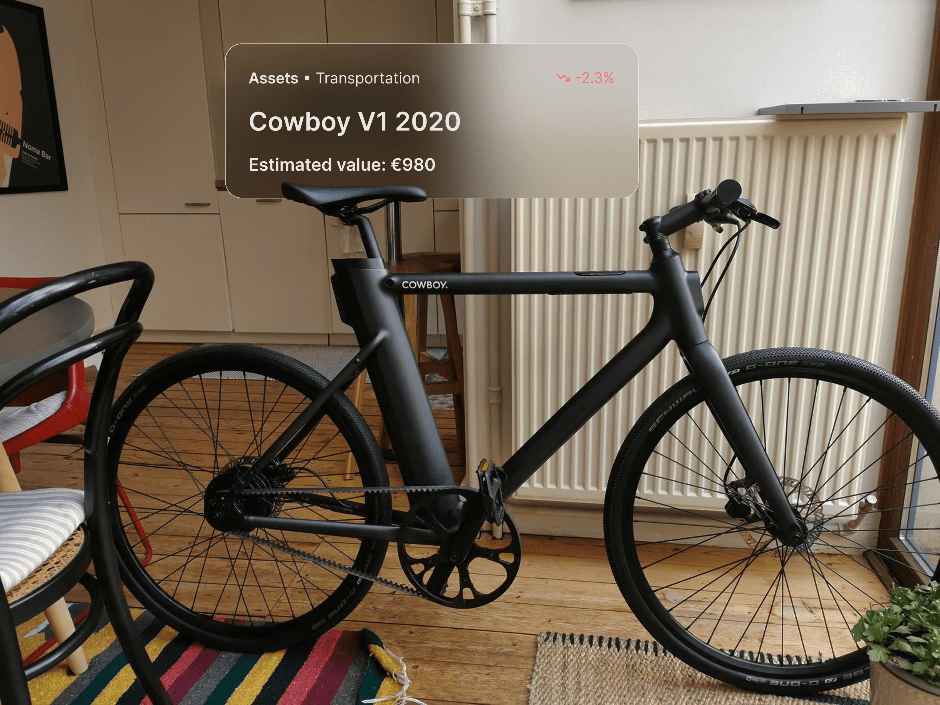 A photo of a Cowboy V1 2020 bicicle with a floating component