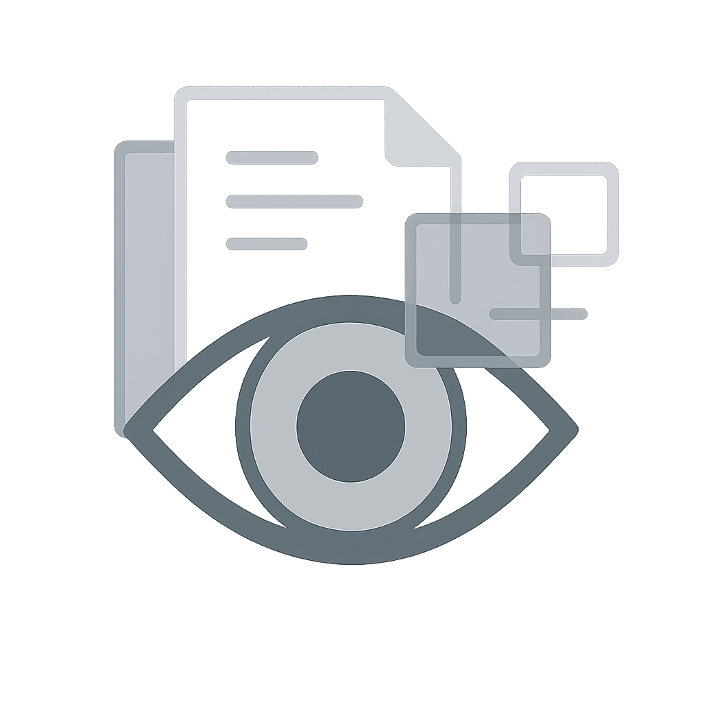 Minimalistische Vektorillustration: Offenes Augensymbol mit überlappenden Daten- und Dokument-Icons. Visualisiert Transparenz, Nachvollziehbarkeit und Klarheit.