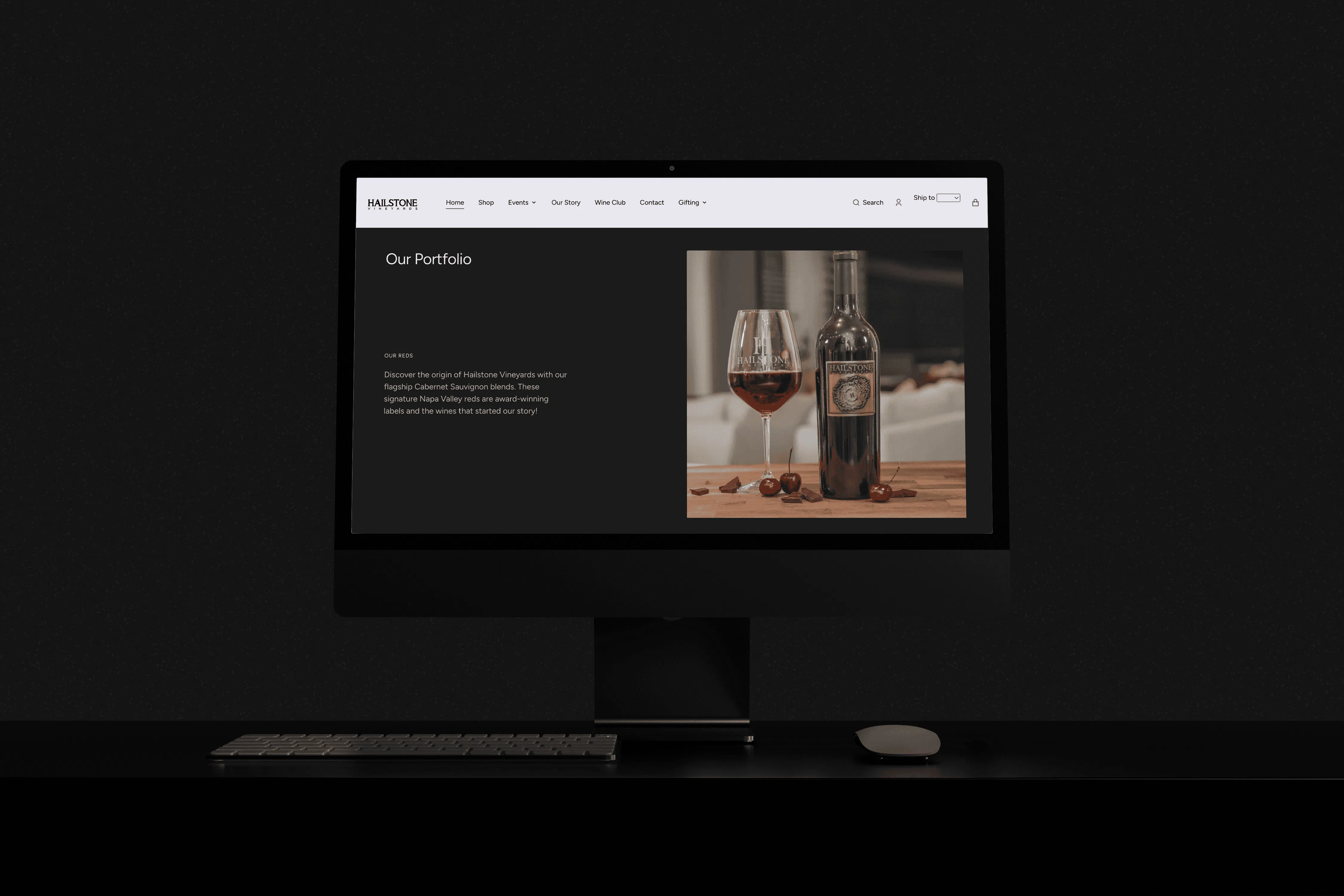 Portfolio showcase desktop vineyard web design — A sleek desktop monitor displaying an elegant vineyard website with luxury imagery, editorial layout, and clear navigation, showcasing real portfolio work.