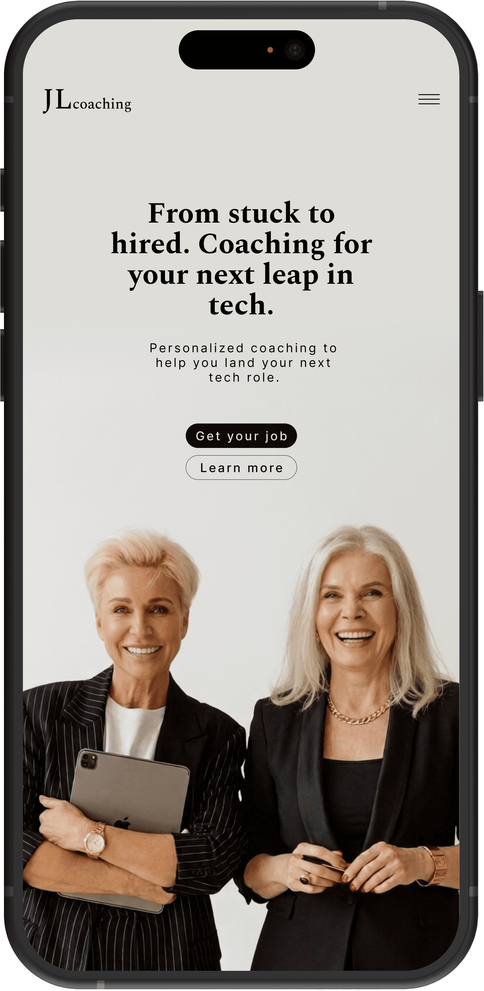 Mobile website design for a tech career coaching service, featuring a centered headline, two call-to-action buttons, and a full-bleed photo of two professional women