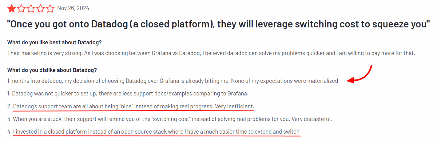 Datadog user review criticizing high switching costs and support experience