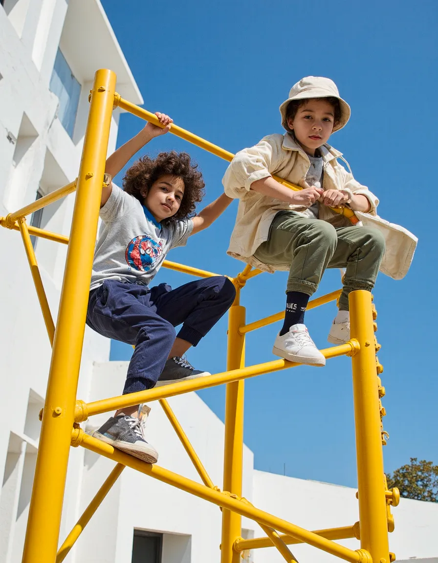 Two children playing on bright yellow playground equipment against clear blue sky and white building, showcasing casual outdoor style