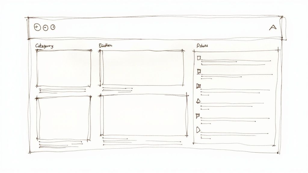 Hand-drawn web UI sketch with sections for Category, Brother, and Plans list.