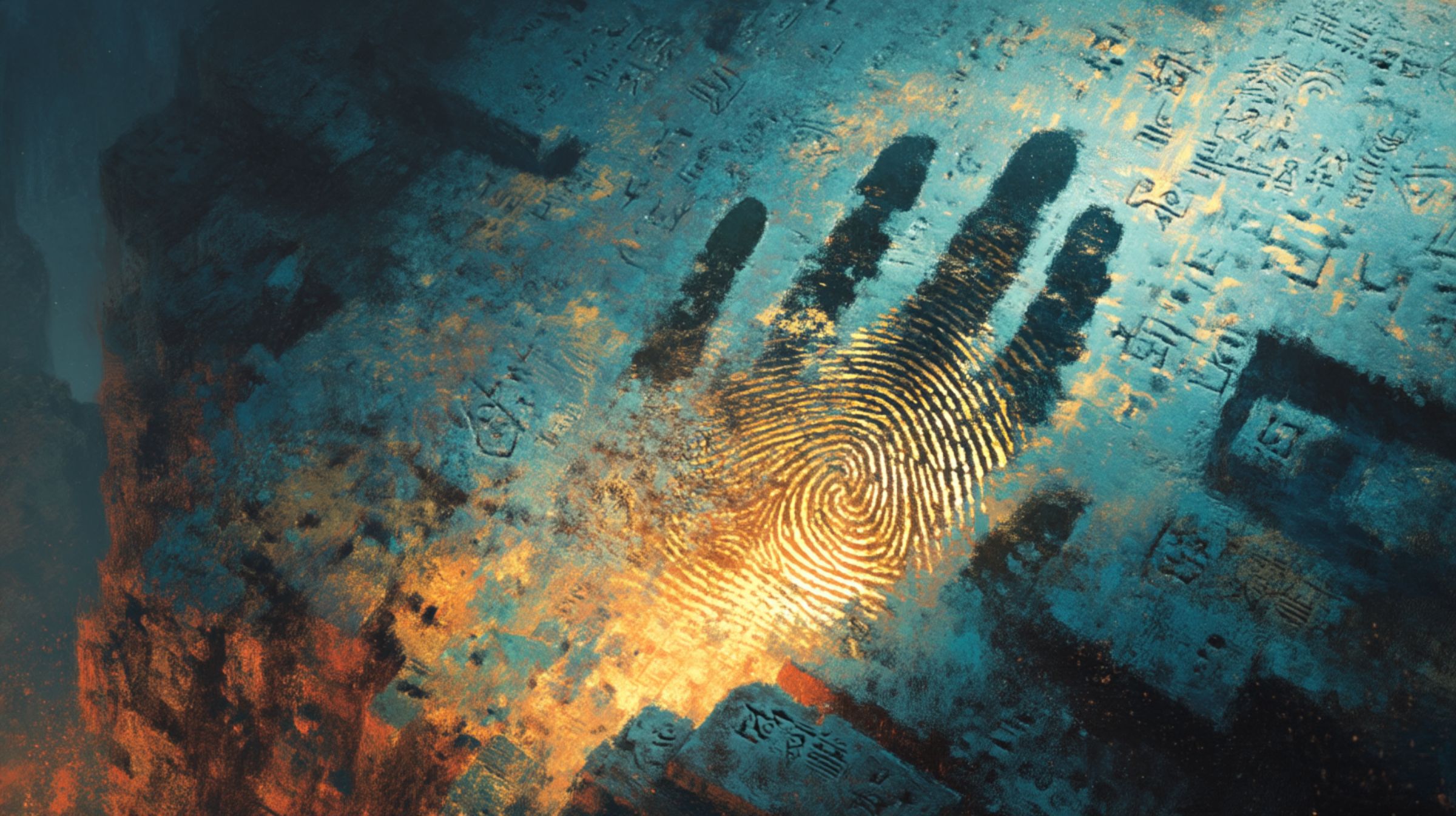 A glowing fingerprint carved into ancient stone covered in fading hieroglyphs and code, symbolizing the human mark in a digital world.