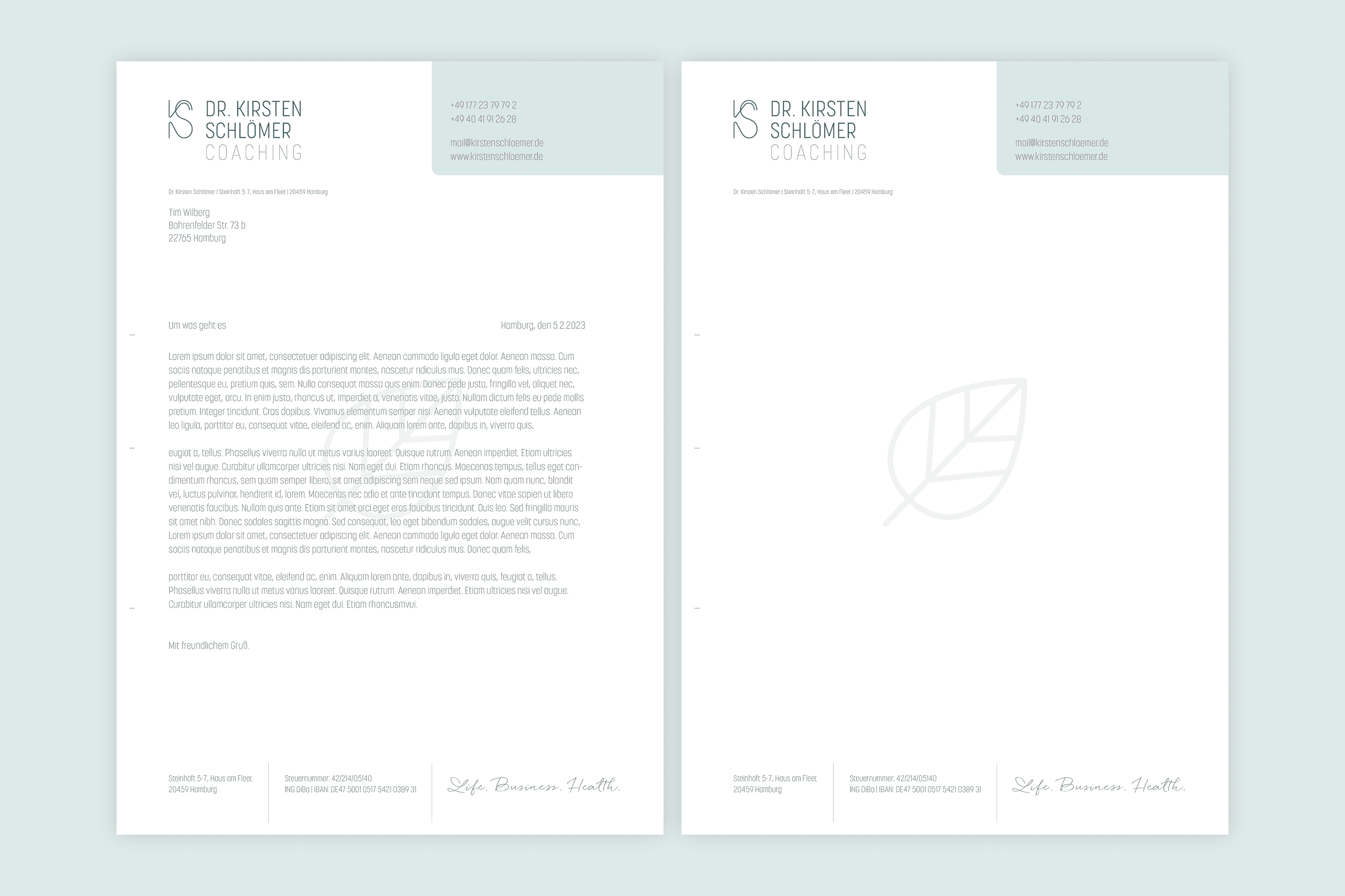 Dr. Kirsten Schlömer Coaching letterhead with contact info and text.