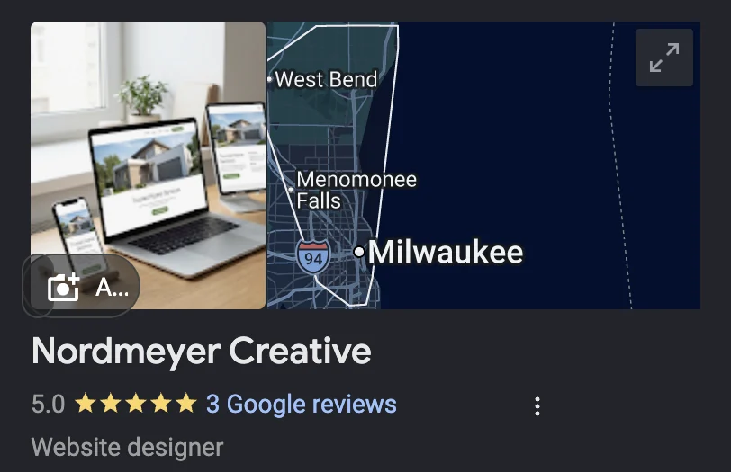 Google Business Profile panel for Nordmeyer Creative showing a 5.0 star rating from 3 Google reviews, the category Website designer, and a service-area map around Milwaukee.