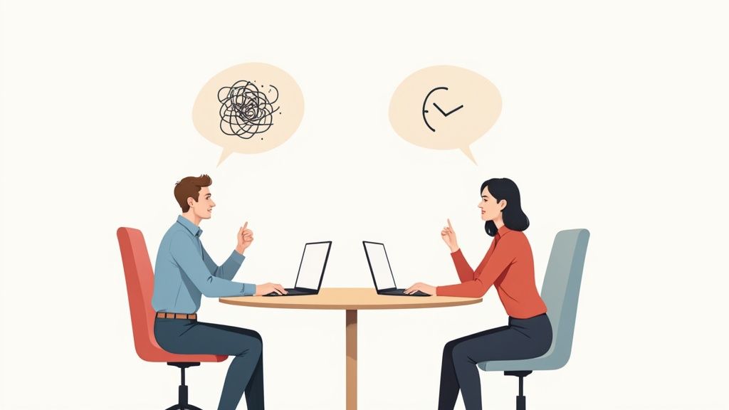 Illustration of two professionals discussing at a table, highlighting communication challenges with thoughts of confusion and time.