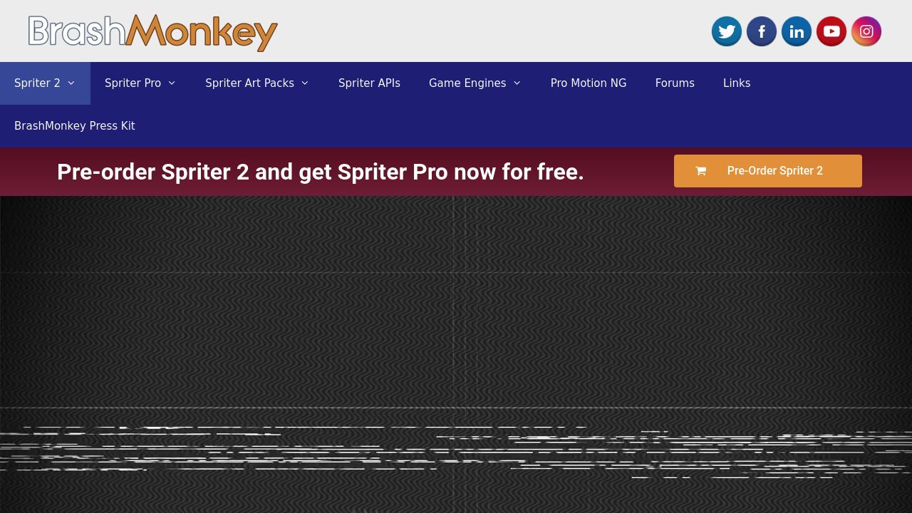 Screenshot of the Spriter Pro website showing 2D animation software using modular techniques