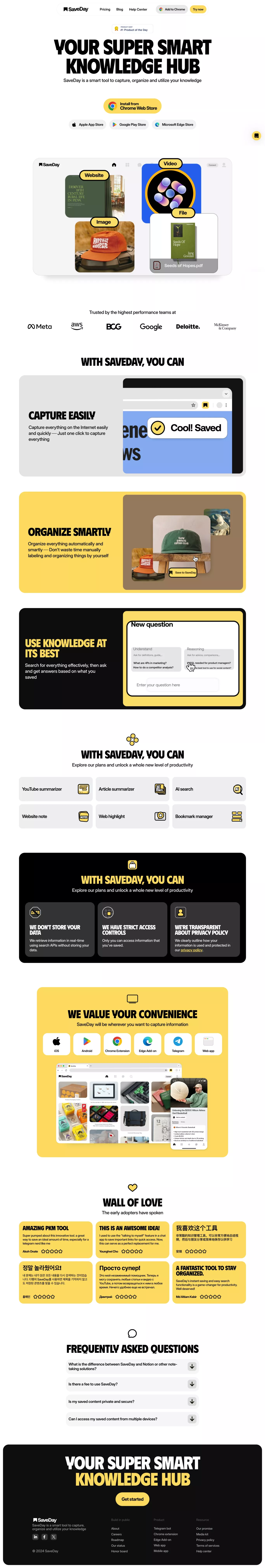 SaveDay - Your Super Smart Knowledge Hub landing page screenshot showcasing Tech design