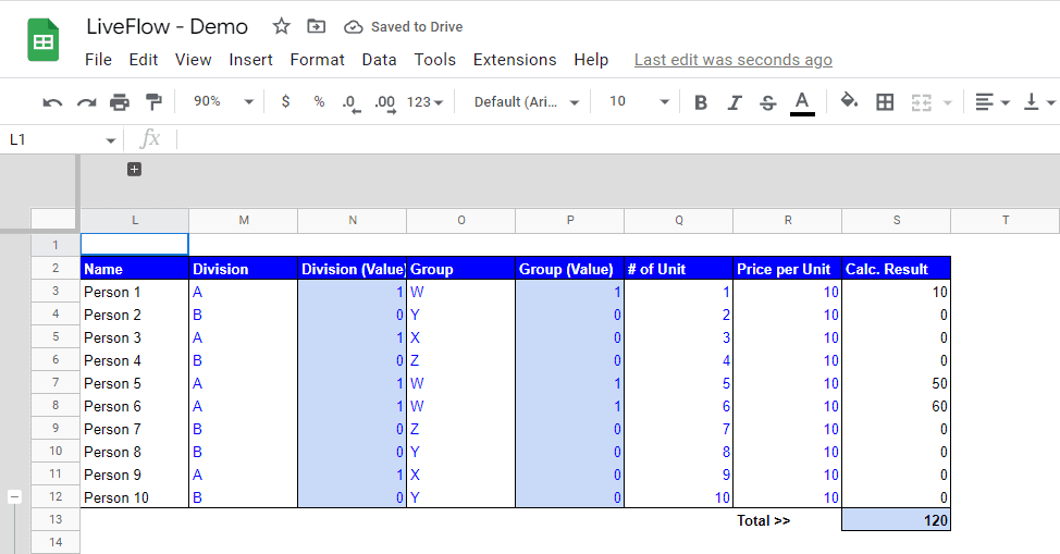 SUMPRODUCT function from the menu bar