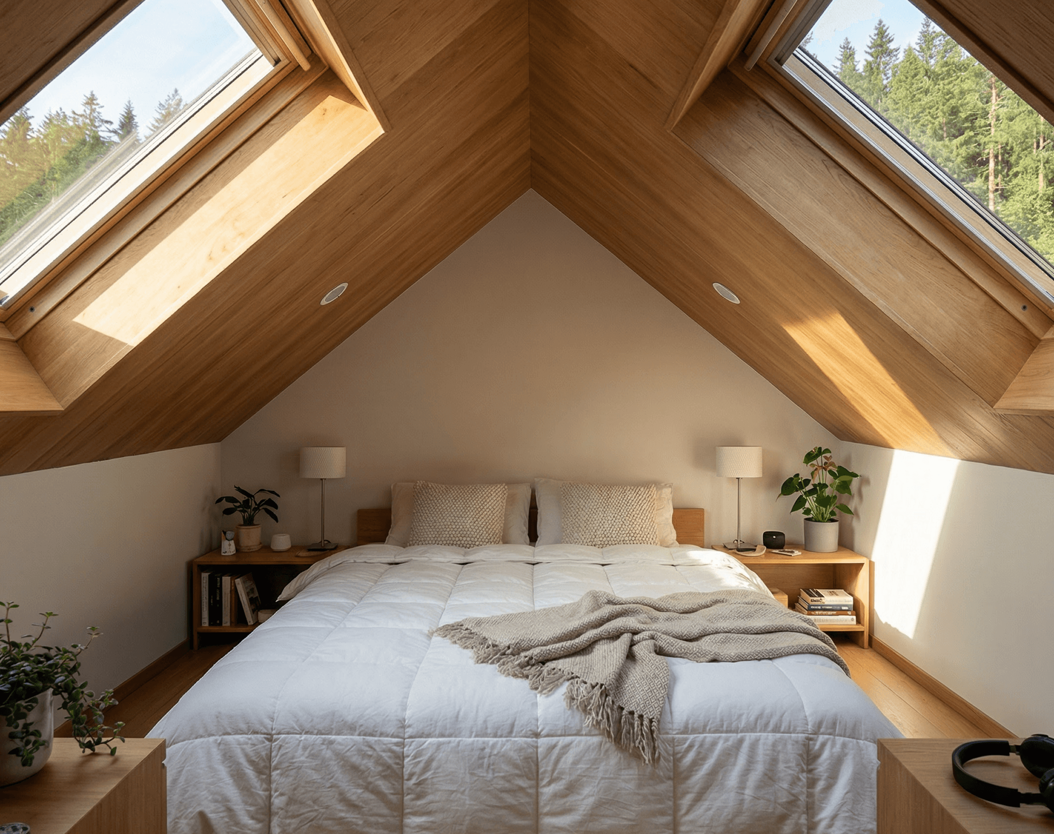 Cozy loft bedroom in a modern cabin design, featuring a double bed under a gabled timber ceiling with skylights, ideal for a small cabin plan with loft.