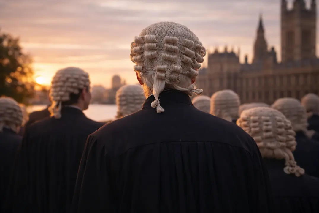 Group of barristers wearing traditional wigs and gowns standing outdoors near the Houses of Parliament in London
