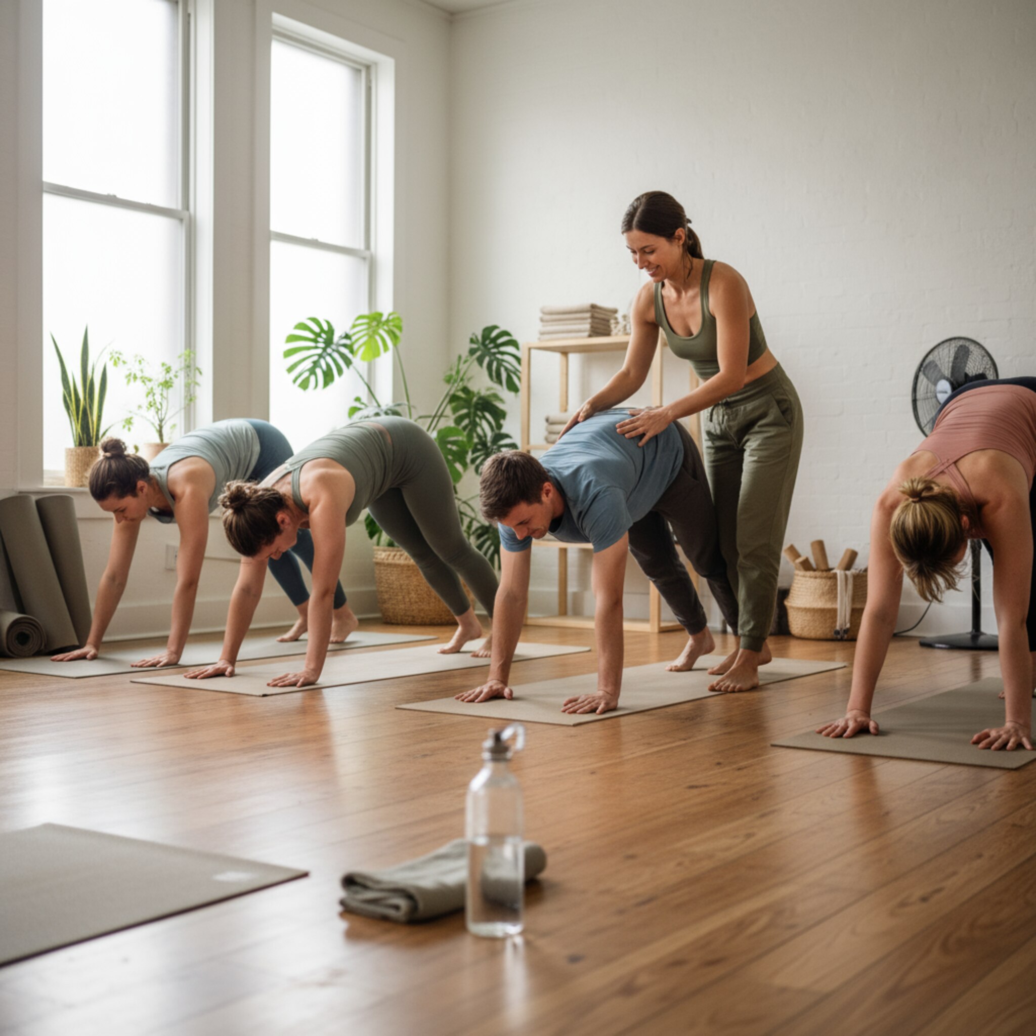 Helles Yoga-Studio am Morgen, Vinyasa-Flow-Klasse in Bewegung, warme Holzböden, Pflanzen, lächelnde Trainerin assistiert, natürliches Fensterlicht, realistisches Foto, 35mm