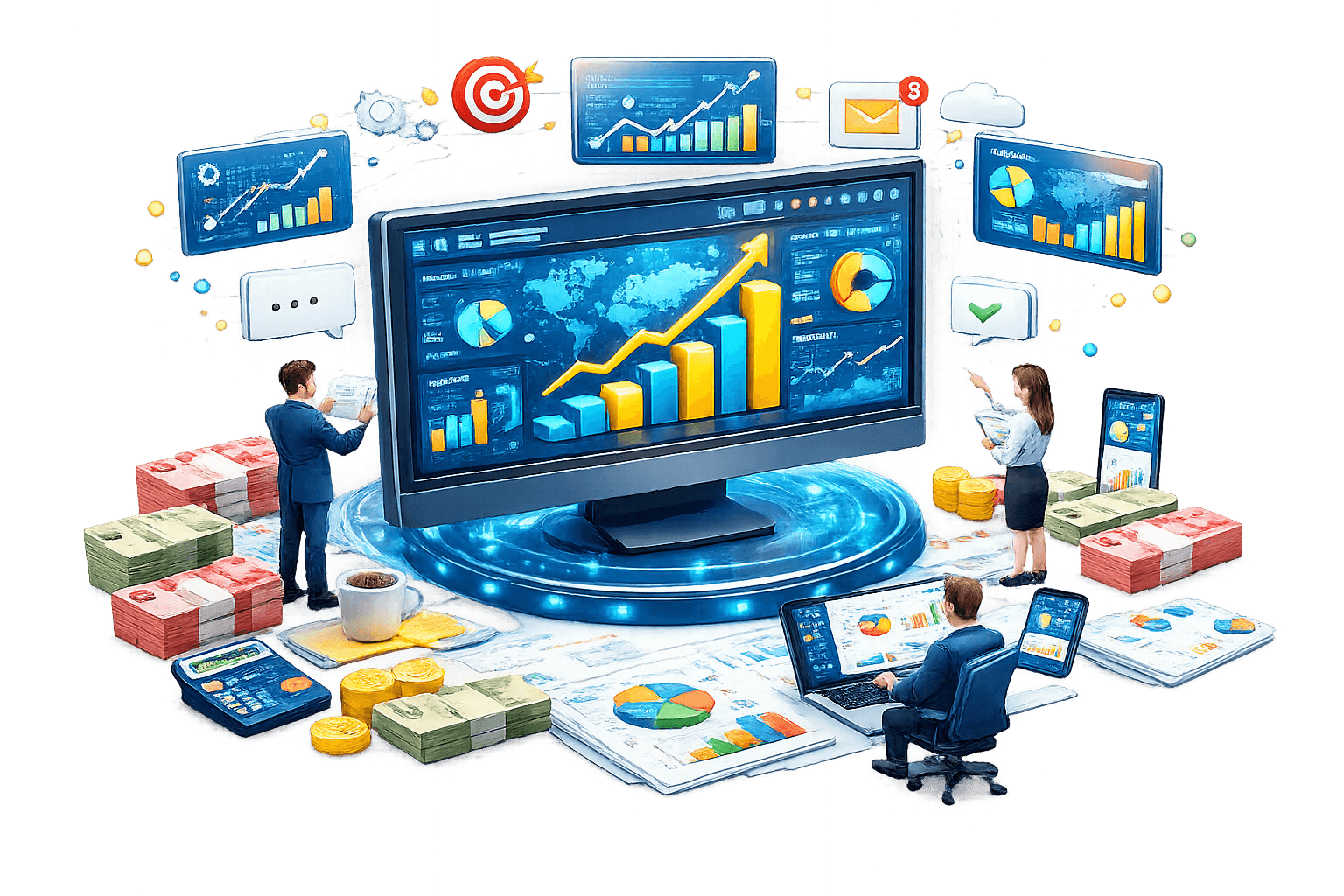 Ilustrasi AI‑driven performance analytics & business growth monitoring. Di tengah, monitor besar menampilkan dashboard analitik global dengan grafik batang meningkat dan panah tren naik, dikelilingi visual pie chart dan KPI. Di sekelilingnya, tim analis bekerja pada laptop dan tablet sambil meninjau laporan.  Di bagian depan terlihat tumpukan uang dan koin, dokumen laporan, kalkulator, dan kaca pembesar yang merepresentasikan dampak finansial dan analisis mendalam. Ikon target, email/notifikasi, dan centang hijau di sekitar layar menandakan pencapaian sasaran, kolaborasi, dan keputusan yang tervalidasi. Visual menggambarkan ekosistem analitik terpusat untuk pengambilan keputusan berbasis data dan pertumbuhan kinerja.