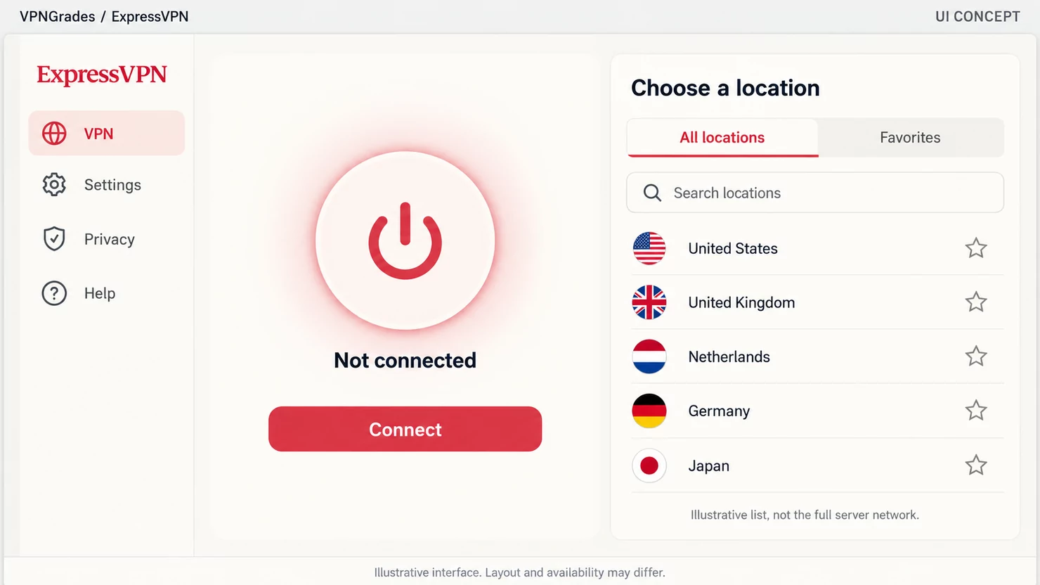 ExpressVPN: a location picker concept (illustration).