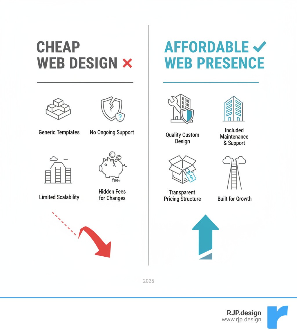 Comparison infographic showing Cheap Web Design with generic templates, no ongoing support, hidden fees for changes, and limited scalability versus Affordable Web Presence with quality custom design, included maintenance and support, transparent pricing structure, and built for growth - affordable web presence infographic 