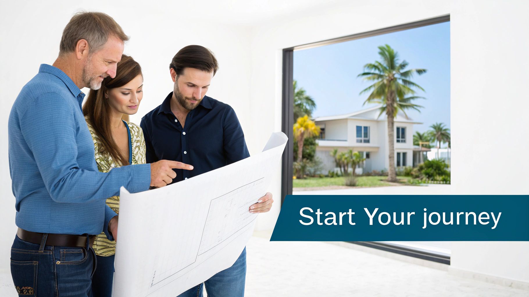 Three people reviewing house blueprints in an empty room, with a luxury home visible through a large window.