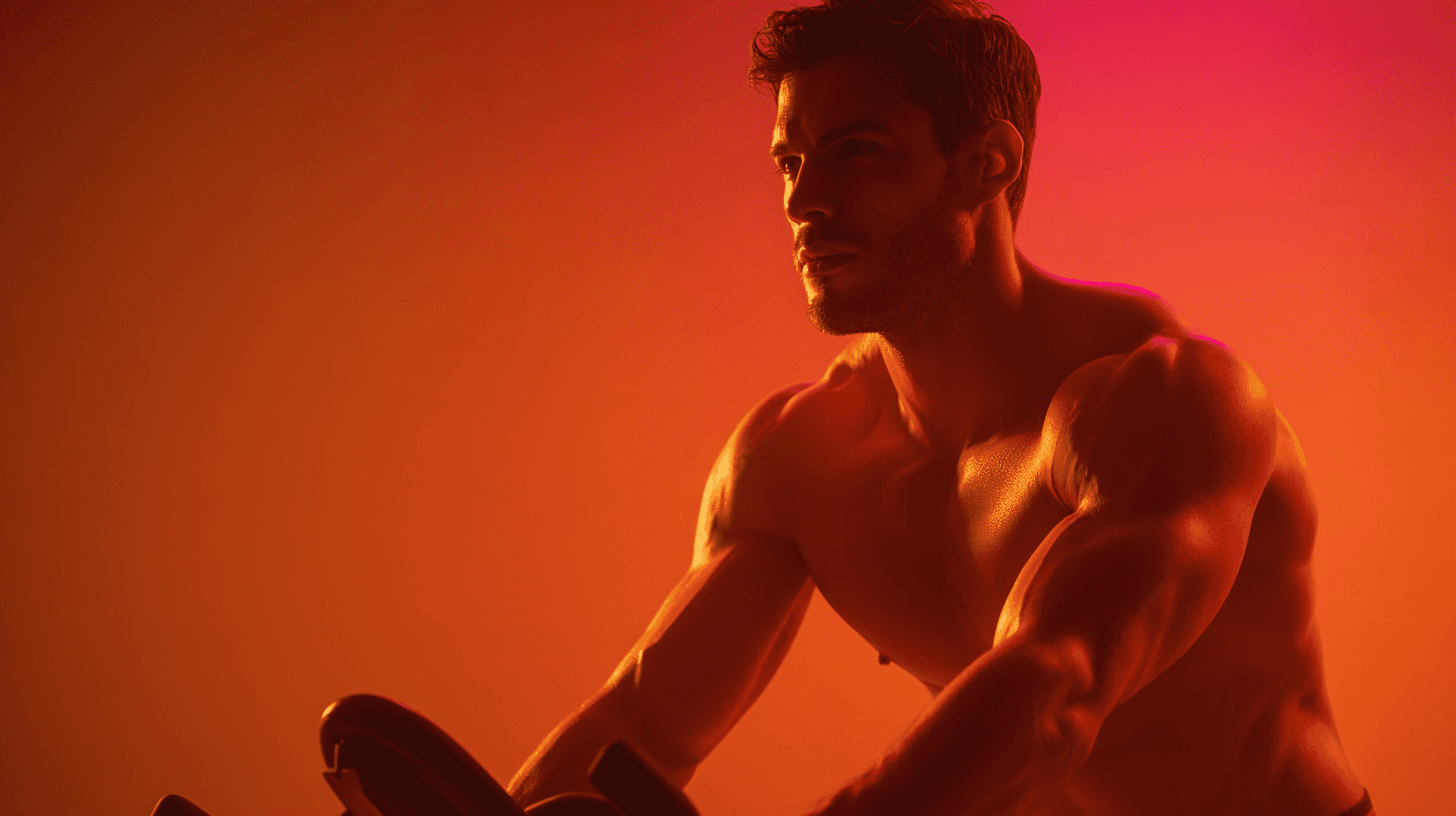 а muscular man doing cycling in the gym, confidently, smooth skin, dramatic lighting, vibrant red to orange gradient background, warm glowing atmosphere, sci-fi AI aesthetic, high fashion editorial photography, cinematic lighting, ultra detailed, octane render