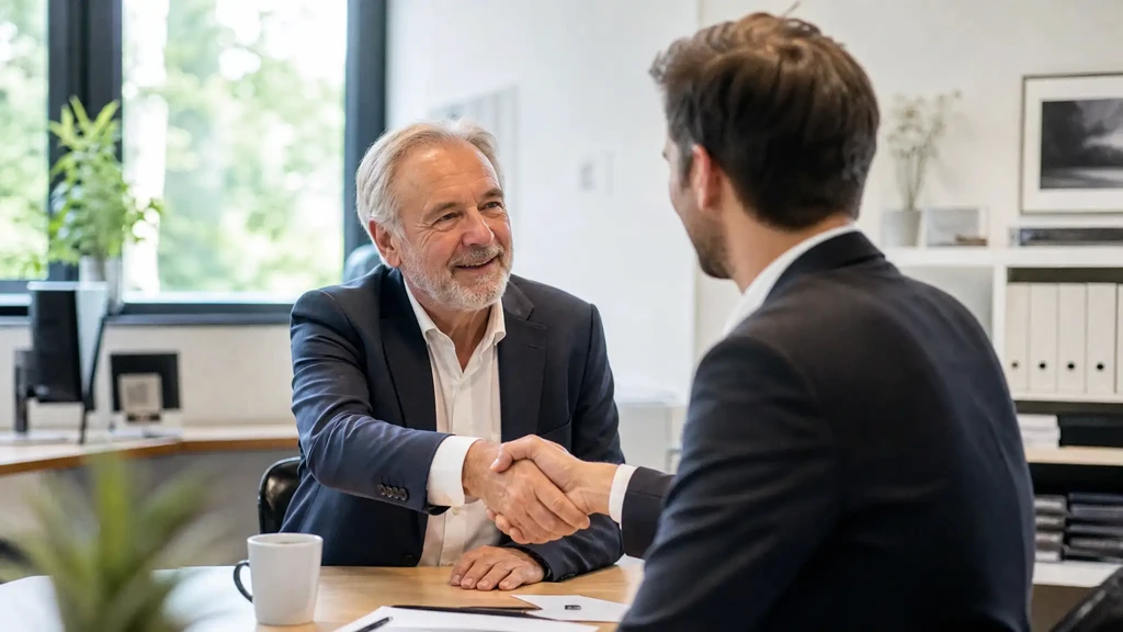 Übergeber und Nachfolger besiegeln die Übergabe per Handschlag – Symbolbild für die Pflegedienst-Nachfolge