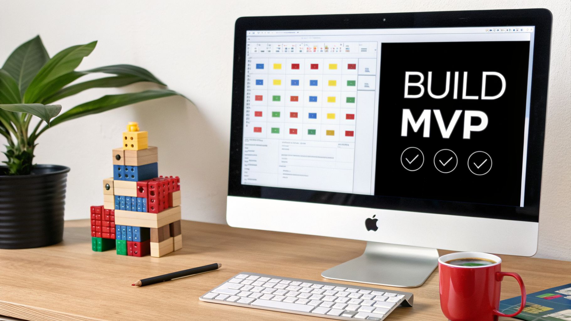 A modern workspace featuring a computer displaying 'BUILD MVP' with checkmarks, a plant, and colorful blocks.