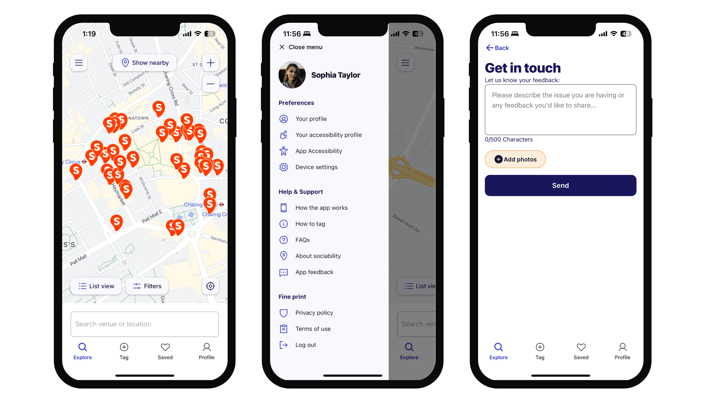 Screenshots of the Sociability app showing how to send a feedback
