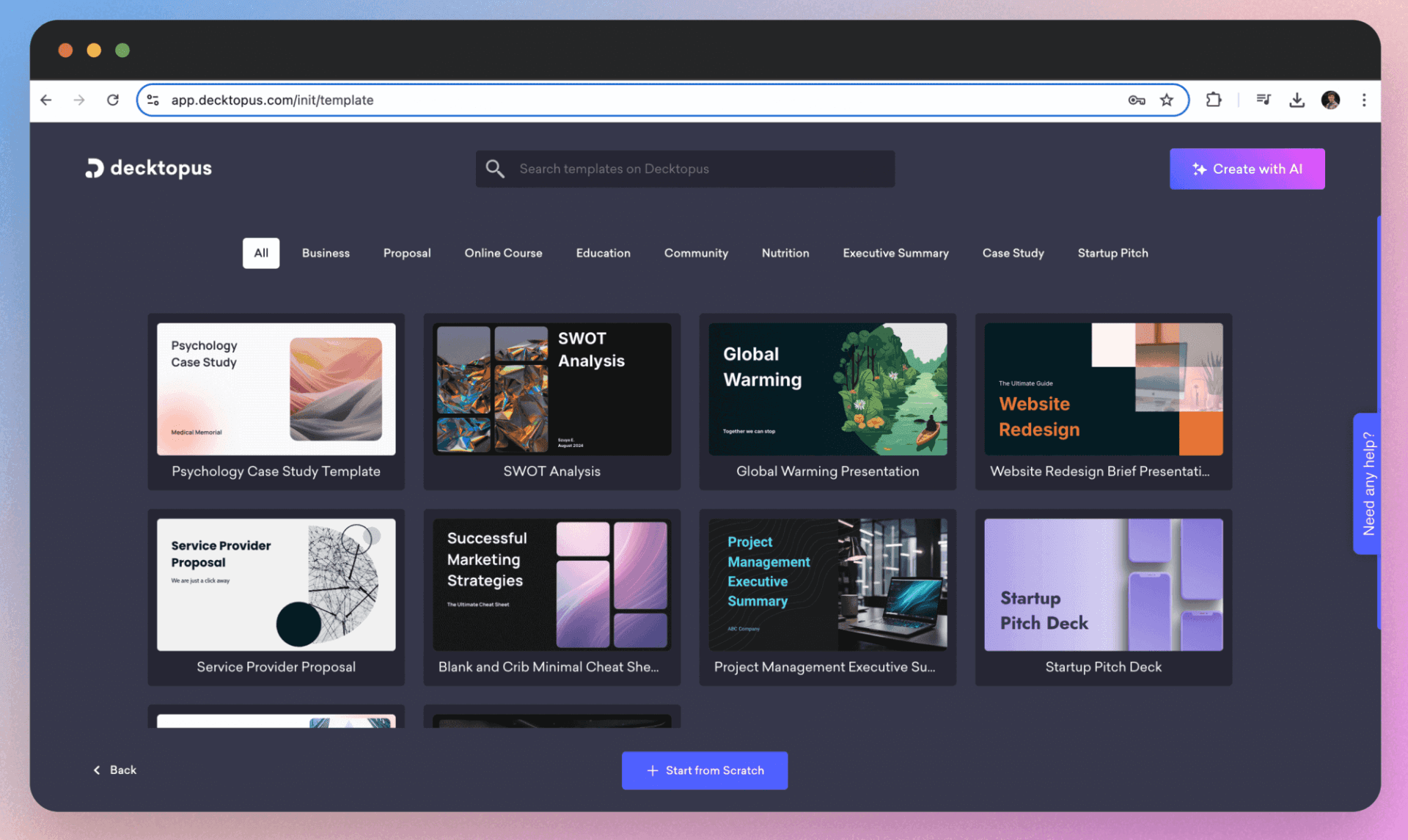 Slide deck mockup from Decktopus AI with campaign title, ROI chart, and stakeholder call to action.