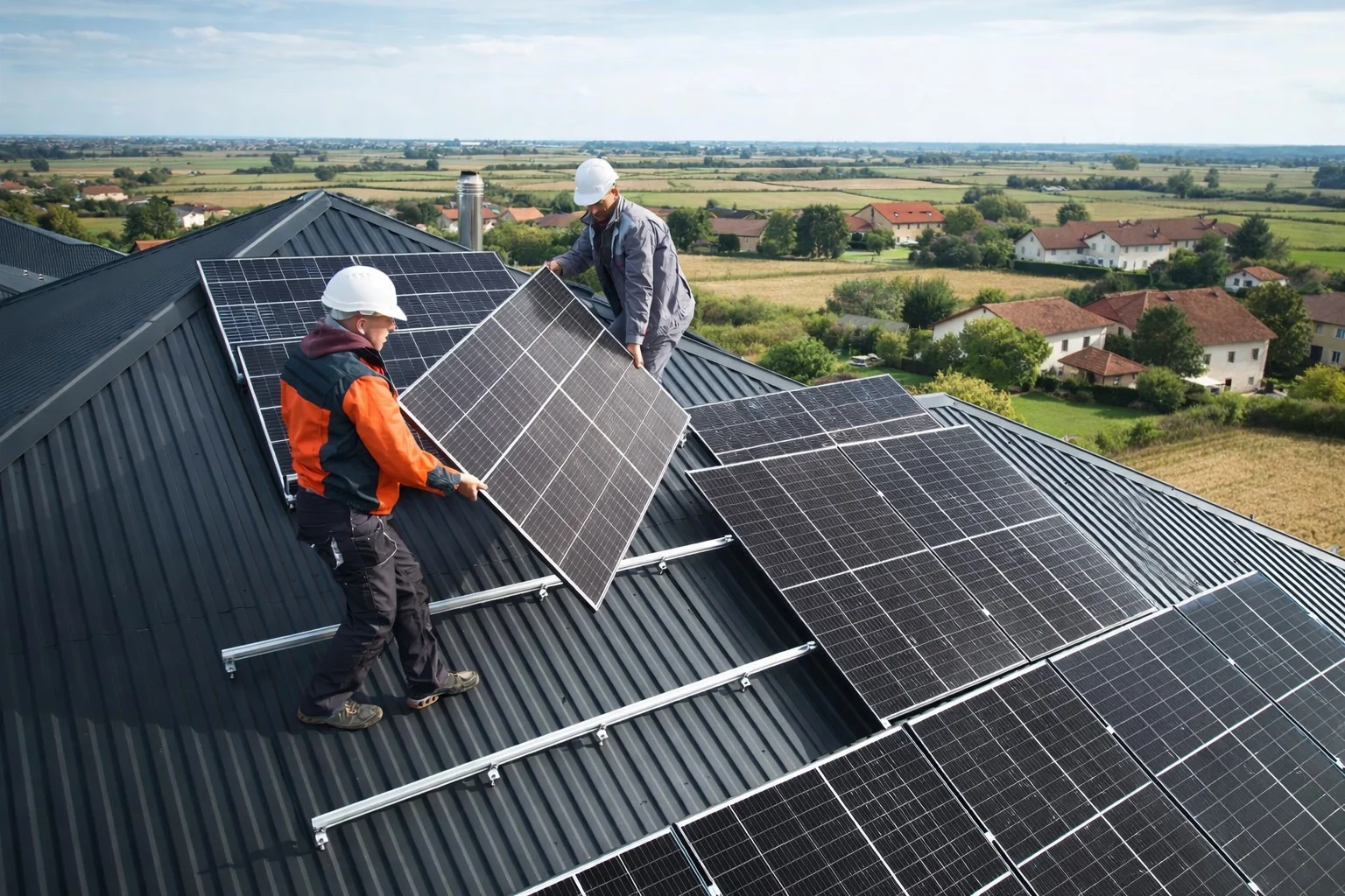 Installatori montano pannelli fotovoltaici sul tetto di una casa durante l’installazione di un impianto solare.