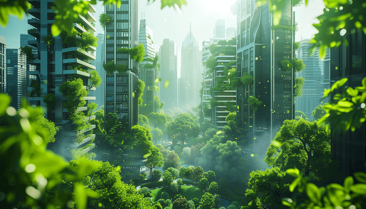 Futuristic cityscape with high-rise buildings adorned with lush greenery, creating a harmonious blend of nature and urban life under bright sunlight.