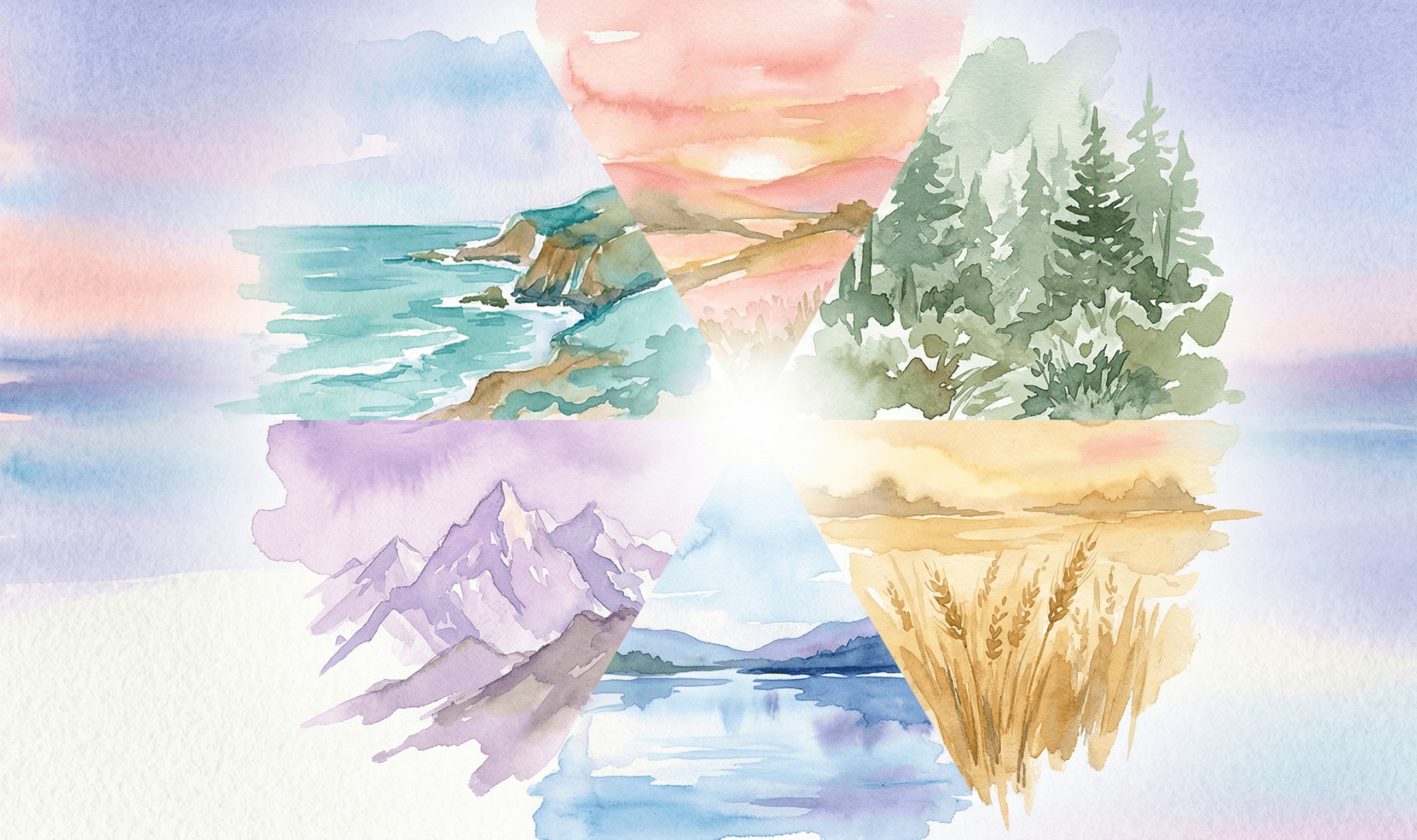Watercolor kaleidoscope of six natural landscape fragments radiating from center