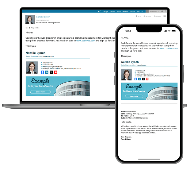 Comparison showing an email signature rendering correctly on both desktop and mobile screens