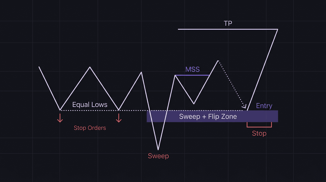 Diagram showing the sweep plus flip zone model with equal lows, sweep, flip, and entry point