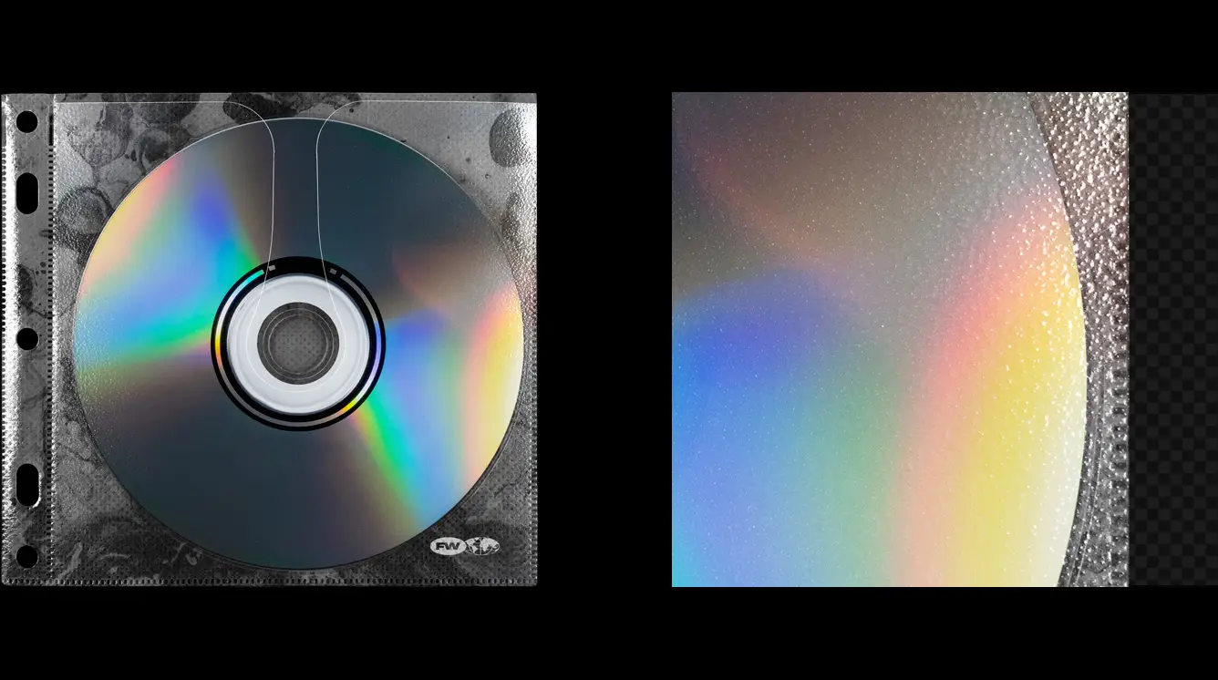 CD plastic bag mockup closeup showing reflective disc surface and plastic texture